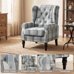 HOMCOM Faux Linen Armchair with Thick Spring Cushion, Wingback Accent Chair with High Back, Solid Wood Legs, Mixed Plaid - thumbnail 4