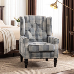HOMCOM Faux Linen Armchair with Thick Spring Cushion, Wingback Accent Chair with High Back, Solid Wood Legs, Mixed Plaid - thumbnail 8