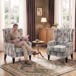 HOMCOM Faux Linen Armchair with Thick Spring Cushion, Wingback Accent Chair with High Back, Solid Wood Legs, Mixed Plaid - thumbnail 9