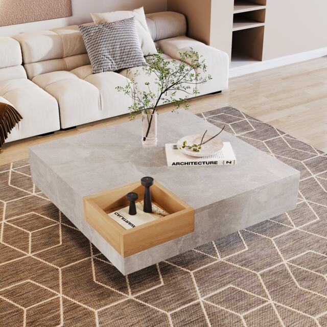 Modern Square Coffee Table with Storage Box and Sturdy Structure, Living Room Table with Marble Top for Sofa Side, 72L x 72W x 30H cm, Grey - Aosom.UK - image 1