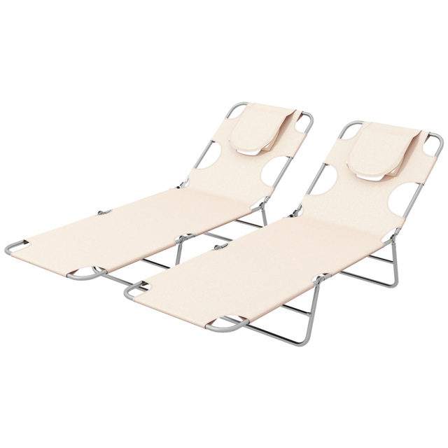 Outsunny Foldable Sun Lounger Set of 2, Beach Chaise Lounges w/ Reading Hole, Arm Slots, 5-Position Adjustable Backrest, Side Pocket - Aosom UK - image 1