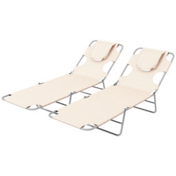 Outsunny Foldable Sun Lounger Set of 2, Beach Chaise Lounges w/ Reading Hole, Arm Slots, 5-Position Adjustable Backrest, Side Pocket - Aosom UK - thumbnail 1