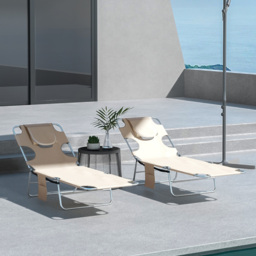 Outsunny Foldable Sun Lounger Set of 2, Beach Chaise Lounges w/ Reading Hole, Arm Slots, 5-Position Adjustable Backrest, Side Pocket - Aosom UK - thumbnail 2