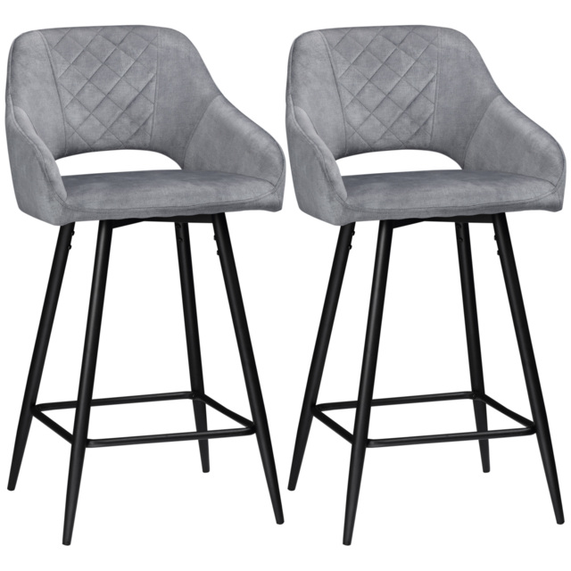 HOMCOM Set of 2 Velvet-Touch Bar Stools with Backrest, Counter Height Chairs, Steel Legs for Kitchen/Dining Area, Grey - Aosom UK - image 1