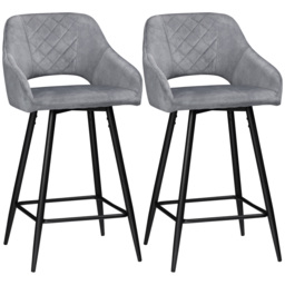 HOMCOM Set of 2 Velvet-Touch Bar Stools with Backrest, Counter Height Chairs, Steel Legs for Kitchen/Dining Area, Grey - Aosom UK - thumbnail 1
