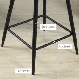 HOMCOM Set of 2 Velvet-Touch Bar Stools with Backrest, Counter Height Chairs, Steel Legs for Kitchen/Dining Area, Grey - Aosom UK - thumbnail 6