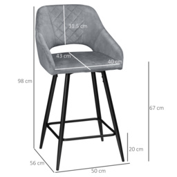 HOMCOM Set of 2 Velvet-Touch Bar Stools with Backrest, Counter Height Chairs, Steel Legs for Kitchen/Dining Area, Grey - Aosom UK - thumbnail 3