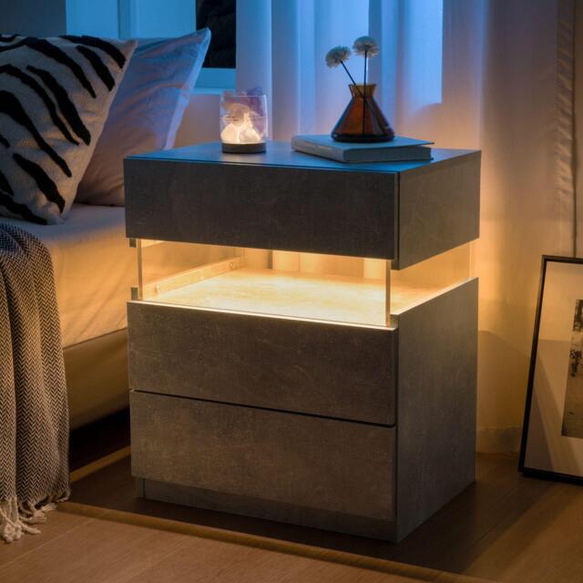 Modern Bedside Cabinet with Remote-Controlled RGB Light, 3 Slide Drawers, LED Nightstand with Acrylic Board, 50L x 37.5W x 60H cm, Gray - Aosom.UK - image 1