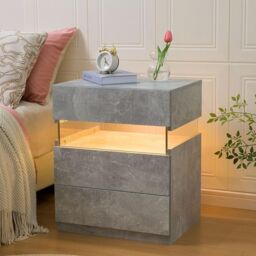Modern Bedside Cabinet with Remote-Controlled RGB Light, 3 Slide Drawers, LED Nightstand with Acrylic Board, 50L x 37.5W x 60H cm, Gray - Aosom.UK - thumbnail 8
