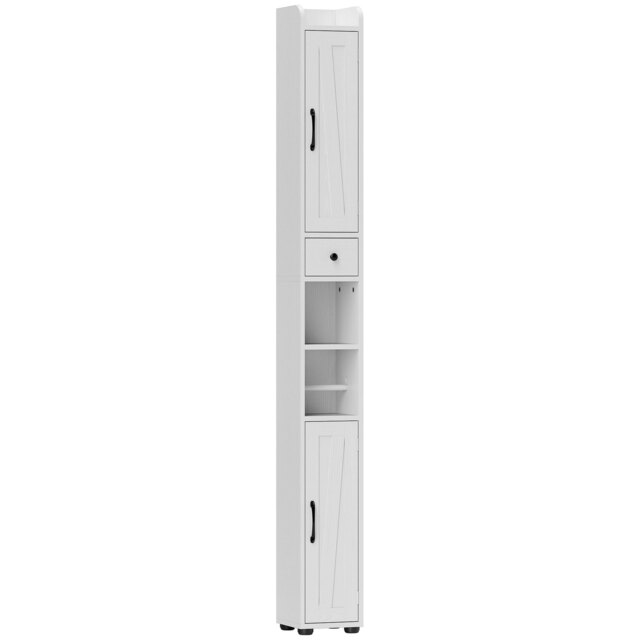 HOMCOM Tall Bathroom Cabinet, Farmhouse Slim Bathroom Storage Cabinet with Barn Doors, Toilet Paper Roll Holder, Drawer and Adjustable Shelves, Narrow Bathroom Storage Unit, 20 x 20 x 185cm, White - image 1