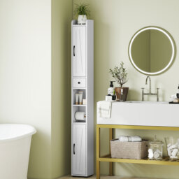 HOMCOM Tall Bathroom Cabinet, Farmhouse Slim Bathroom Storage Cabinet with Barn Doors, Toilet Paper Roll Holder, Drawer and Adjustable Shelves, Narrow Bathroom Storage Unit, 20 x 20 x 185cm, White - thumbnail 2