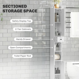 HOMCOM Tall Bathroom Cabinet, Farmhouse Slim Bathroom Storage Cabinet with Barn Doors, Toilet Paper Roll Holder, Drawer and Adjustable Shelves, Narrow Bathroom Storage Unit, 20 x 20 x 185cm, White - thumbnail 4