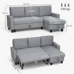 HOMCOM Three-Seater Storage Sofa Bed w/ Scratch Resistant Fabric, Grey - Aosom UK - thumbnail 3