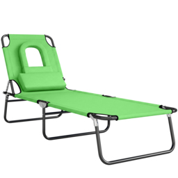 Outsunny Foldable Sun Lounger: Reclining Garden Chair with Pillow & Reading Hole, Adjustable Green Outdoor Recliner - Aosom UK
