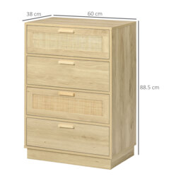 HOMCOM Chest of Four Rattan Weave Panel Drawers - Wood-Effect - thumbnail 3