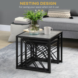 HOMCOM Set of 3 Nest of Tables, Square Side Tables with Black Metal Frame, for Living Room, Bedroom and Office, Grey - thumbnail 5