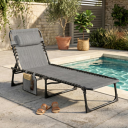 Outsunny Folding Sun Lounger, Portable Reclining Camping Bed with 5-Position Adjustable Backrest, Pillow Included, Mixed Grey - thumbnail 2