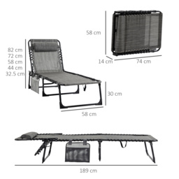 Outsunny Folding Sun Lounger, Portable Reclining Camping Bed with 5-Position Adjustable Backrest, Pillow Included, Mixed Grey - thumbnail 3