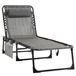 Outsunny Folding Sun Lounger, Portable Reclining Camping Bed with 5-Position Adjustable Backrest, Pillow Included, Mixed Grey - thumbnail 1