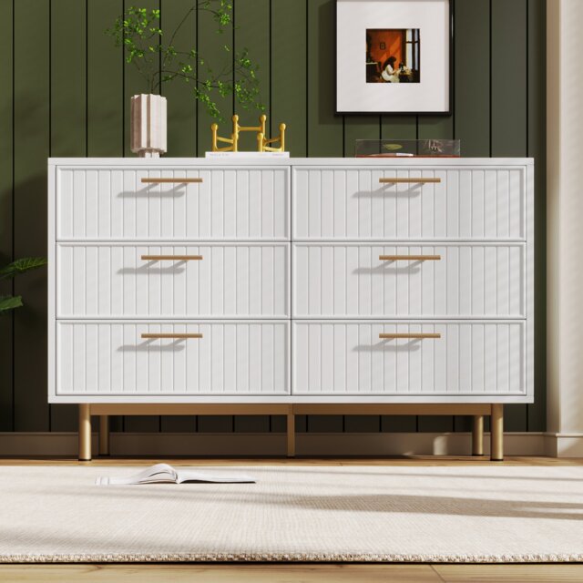 Modern Sideboard Storage Cabinet with 6-Drawer Chest, Adjustable Metal Leg and Decorative Handles, for Living Room, 120x40x75.5 cm, White - Aosom UK - image 1