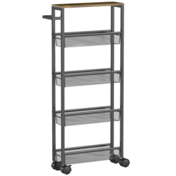 HOMCOM Slim Storage Trolley, 5-Tier Kitchen Cart on Wheels with Wood-effect Top, Handle for Living Room, Bathroom, Black - thumbnail 1