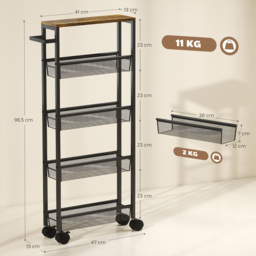 HOMCOM Slim Storage Trolley, 5-Tier Kitchen Cart on Wheels with Wood-effect Top, Handle for Living Room, Bathroom, Black - thumbnail 3