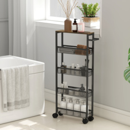 HOMCOM Slim Storage Trolley, 5-Tier Kitchen Cart on Wheels with Wood-effect Top, Handle for Living Room, Bathroom, Black - thumbnail 9