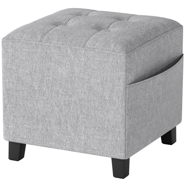 HOMCOM Square Footstool, Small Ottoman with Side Pocket, Linen Fabric Footrest Foot Stool with Rubber Wood Legs and Padded Seat for Living Room, Bedroom, Entryway, 35 x 35 x 35cm, Light Grey - image 1