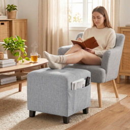 HOMCOM Square Footstool, Small Ottoman with Side Pocket, Linen Fabric Footrest Foot Stool with Rubber Wood Legs and Padded Seat for Living Room, Bedroom, Entryway, 35 x 35 x 35cm, Light Grey - thumbnail 2