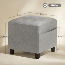 HOMCOM Square Footstool, Small Ottoman with Side Pocket, Linen Fabric Footrest Foot Stool with Rubber Wood Legs and Padded Seat for Living Room, Bedroom, Entryway, 35 x 35 x 35cm, Light Grey - thumbnail 3