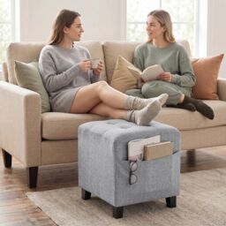 HOMCOM Square Footstool, Small Ottoman with Side Pocket, Linen Fabric Footrest Foot Stool with Rubber Wood Legs and Padded Seat for Living Room, Bedroom, Entryway, 35 x 35 x 35cm, Light Grey - thumbnail 9