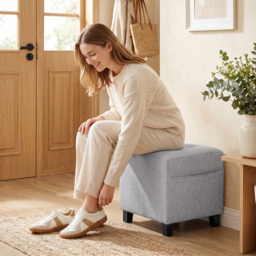 HOMCOM Square Footstool, Small Ottoman with Side Pocket, Linen Fabric Footrest Foot Stool with Rubber Wood Legs and Padded Seat for Living Room, Bedroom, Entryway, 35 x 35 x 35cm, Light Grey - thumbnail 8