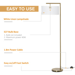 HOMCOM Floor Lights with Linen Lampshade, Round Base, Modern Floor Standing Lamp for Living Room, Bedroom, Dining Room, Gold and White - Aosom UK - thumbnail 6