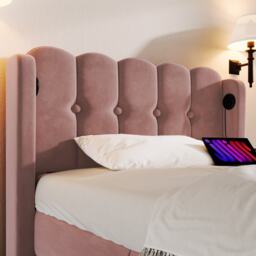 Upholstered Single Bed with USB and Type-C Charging Ports, Velvet Bed Frame with Wooden Slats for Teen Bedroom, 197L x 103W x 103H cm, Pink - Aosom UK - thumbnail 8