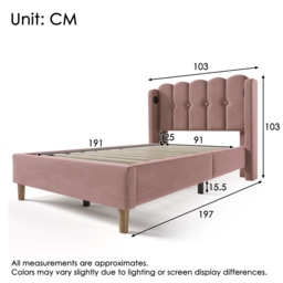 Upholstered Single Bed with USB and Type-C Charging Ports, Velvet Bed Frame with Wooden Slats for Teen Bedroom, 197L x 103W x 103H cm, Pink - Aosom UK - thumbnail 3