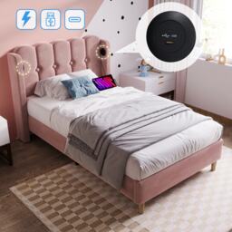 Upholstered Single Bed with USB and Type-C Charging Ports, Velvet Bed Frame with Wooden Slats for Teen Bedroom, 197L x 103W x 103H cm, Pink - Aosom UK - thumbnail 4