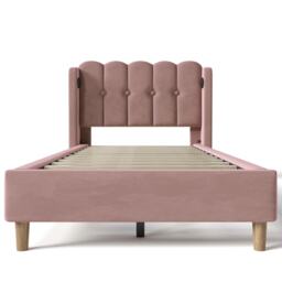Upholstered Single Bed with USB and Type-C Charging Ports, Velvet Bed Frame with Wooden Slats for Teen Bedroom, 197L x 103W x 103H cm, Pink - Aosom UK - thumbnail 2