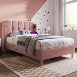 Upholstered Single Bed with USB and Type-C Charging Ports, Velvet Bed Frame with Wooden Slats for Teen Bedroom, 197L x 103W x 103H cm, Pink - Aosom UK - thumbnail 1