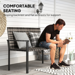 Outsunny 2 Seater Rattan Garden Bench, Outdoor Bench with Quick-Drying Cotton Padding, Wicker Garden Loveseat with Armrests, Steel Frame for Patio, Park, Mixed Grey - thumbnail 7
