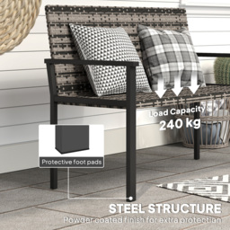 Outsunny 2 Seater Rattan Garden Bench, Outdoor Bench with Quick-Drying Cotton Padding, Wicker Garden Loveseat with Armrests, Steel Frame for Patio, Park, Mixed Grey - thumbnail 8
