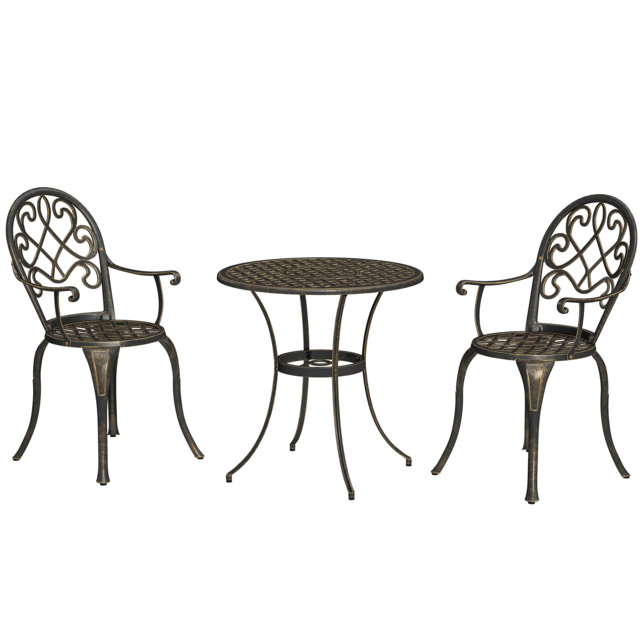 Outsunny 3 Piece Patio Bistro Set for 2, Outdoor Aluminium Garden Table and Chairs with Adjustable Footpads for Balcony, Garden and Patio, Bronze Tone - image 1
