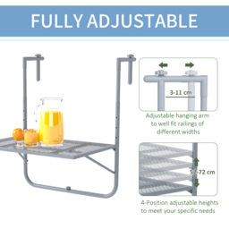 Outsunny Balcony Hanging Table, Metal Wall Mount Desk, Adjustable Folding Balcony Deck Table for Patio and Garden, Grey - thumbnail 4