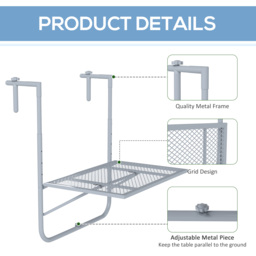 Outsunny Balcony Hanging Table, Metal Wall Mount Desk, Adjustable Folding Balcony Deck Table for Patio and Garden, Grey - thumbnail 6