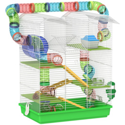 PawHut 5 Tier Hamster Cage Carrier Habitat with Exercise Wheels Tunnel Tube Water Bottle Dishes House Ladder for Dwarf Mice, Green - thumbnail 1