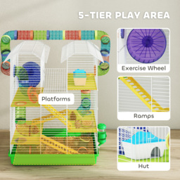 PawHut 5 Tier Hamster Cage Carrier Habitat with Exercise Wheels Tunnel Tube Water Bottle Dishes House Ladder for Dwarf Mice, Green - thumbnail 4