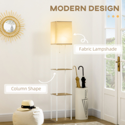 HOMCOM Floor Lamp with Shelves, Floor Standing Lamp w/ 3 Layer Shelf, Fabric Lampshade, Pull Chain Switch for Living Room, Bedroom, White - Aosom UK - thumbnail 4