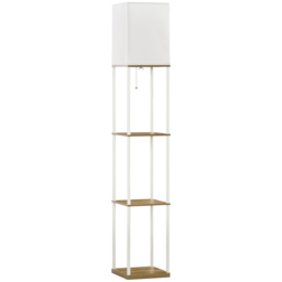 HOMCOM Floor Lamp with Shelves, Floor Standing Lamp w/ 3 Layer Shelf, Fabric Lampshade, Pull Chain Switch for Living Room, Bedroom, White - Aosom UK - thumbnail 1