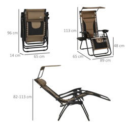 Outsunny Zero Gravity Recliner Chair, Foldable Patio Lounger with Sunshade, Drink Holder & Cushion for Outdoor, Camping, Brown - thumbnail 3