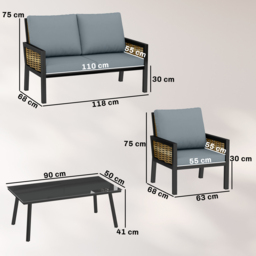 Outsunny 4 Seater Rattan Garden Furniture Set with 2 Armchairs, Loveseat, Coffee Table, Garden Sofa Set with Cushions, Grey - thumbnail 3