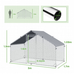 PawHut Large Chicken Coop, Covered Run for Chickens, Galvanised Hen House with Water-Resist Cover, 3 x 1.7 x 1.9m - Aosom UK - thumbnail 3